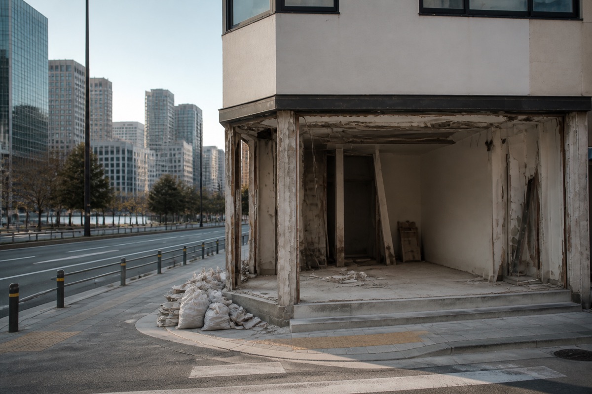 한강 인근 도심 상가의 비운 점포 입구 — 영등포·여의도 상가·점포 철거 참고 커버